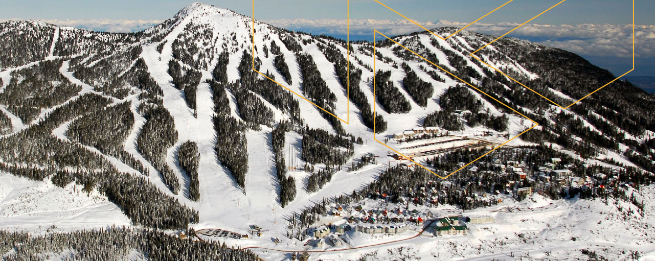 An aerial view of Mount Washington Resort in winter