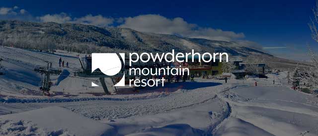 Powderhorn Resort logo over an image of the ski lifts and base camp in winter.